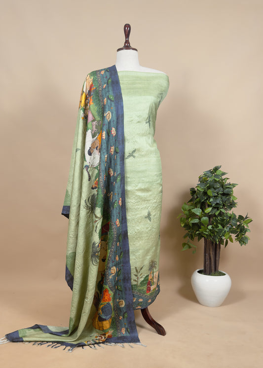 Pastel Green Tussar Silk Unstitched Suit With Pichwai Dupatta