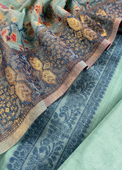 Turquoise Linen Chanderi Suit With Floral Jamdani Weaving