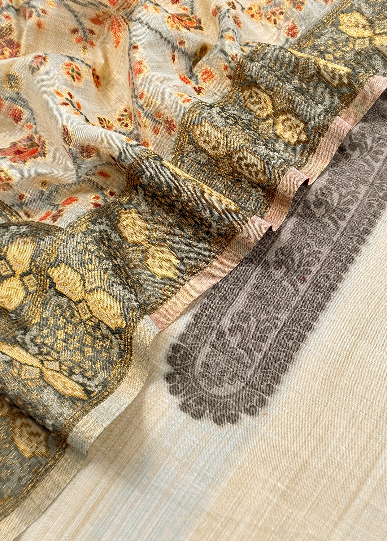 Beige Linen Chanderi Suit With Floral Jamdani Weaving