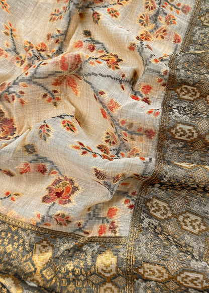 Beige Linen Chanderi Suit With Floral Jamdani Weaving