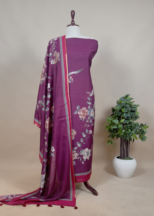 Dirty Purple Handloom Munga Tussar Unstitched Suit With Digital Print