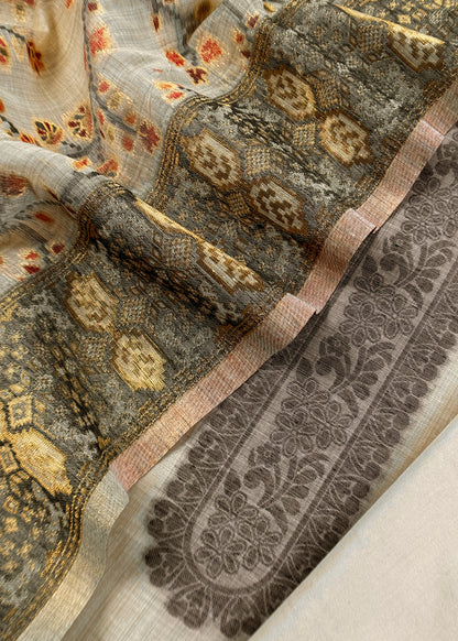 Beige Linen Chanderi Suit With Floral Jamdani Weaving