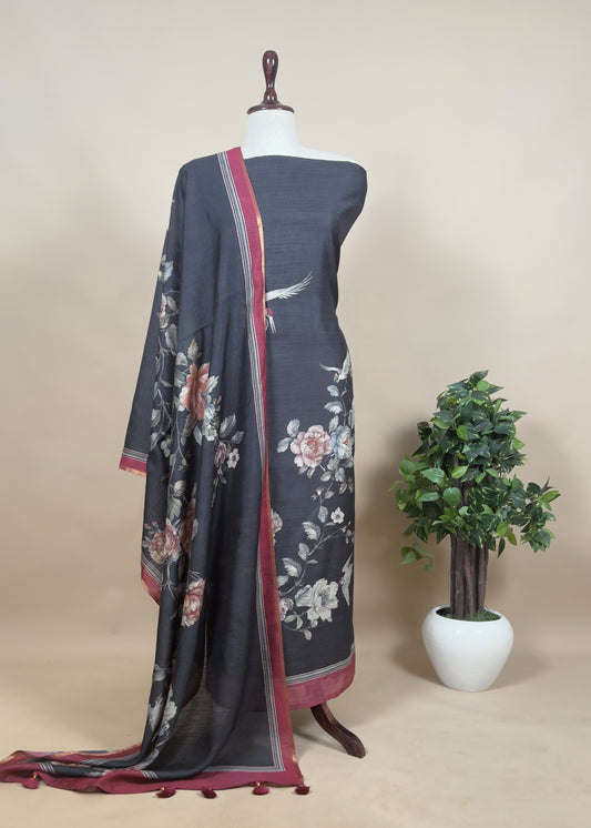 Black Handloom Munga Tussar Unstitched Suit With Digital Print