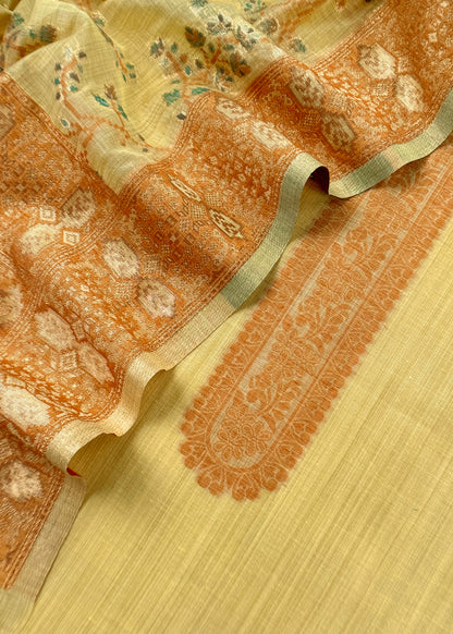 Yellow Linen Chanderi Suit With Floral Jamdani Weaving
