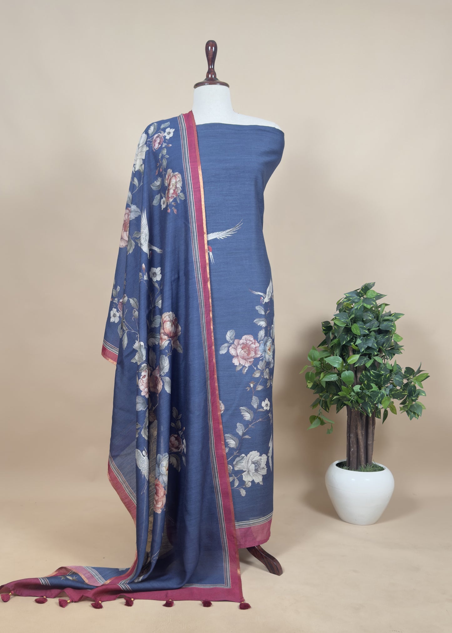 Royal Blue Handloom Munga Tussar Unstitched Suit With Digital Print