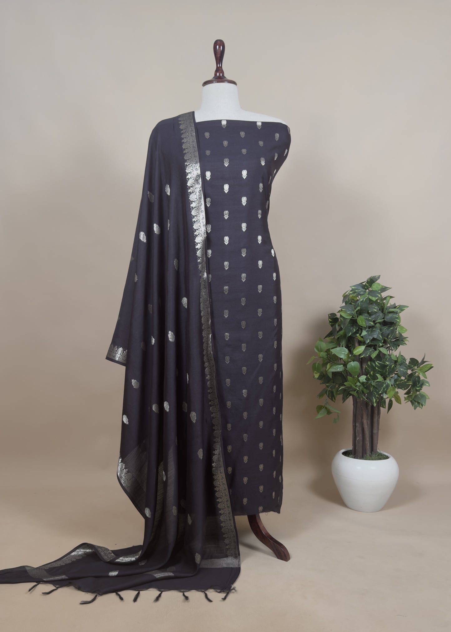 Black Handloom Munga Silk Suit With Zari Weaving