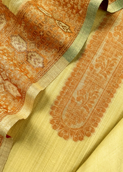 Yellow Linen Chanderi Suit With Floral Jamdani Weaving