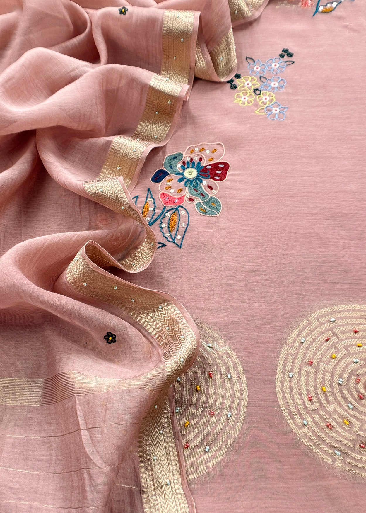 Light Peach Handloom Mul Unstitched Suit Fabric With Parsi Hand Embroidery And Jamdani Weaving
