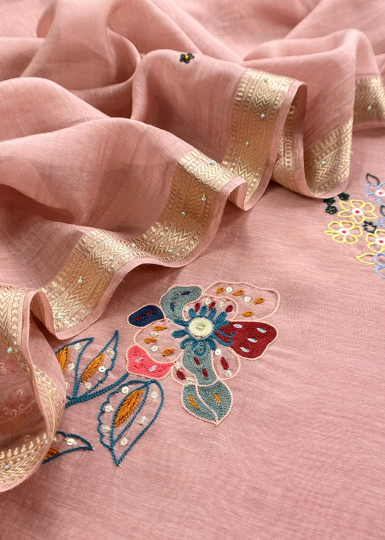 Light Peach Handloom Mul Unstitched Suit Fabric With Parsi Hand Embroidery And Jamdani Weaving