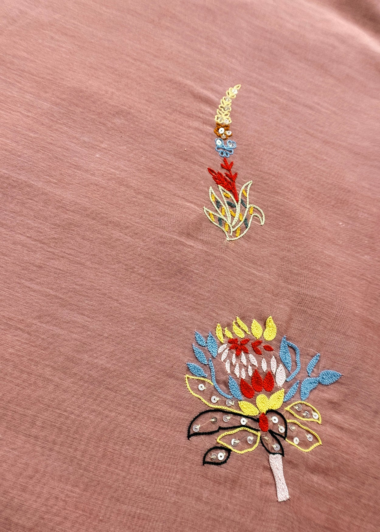 Light Peach Handloom Mul Unstitched Suit Fabric With Parsi Hand Embroidery And Jamdani Weaving