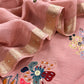 Light Peach Handloom Mul Unstitched Suit Fabric With Parsi Hand Embroidery And Jamdani Weaving