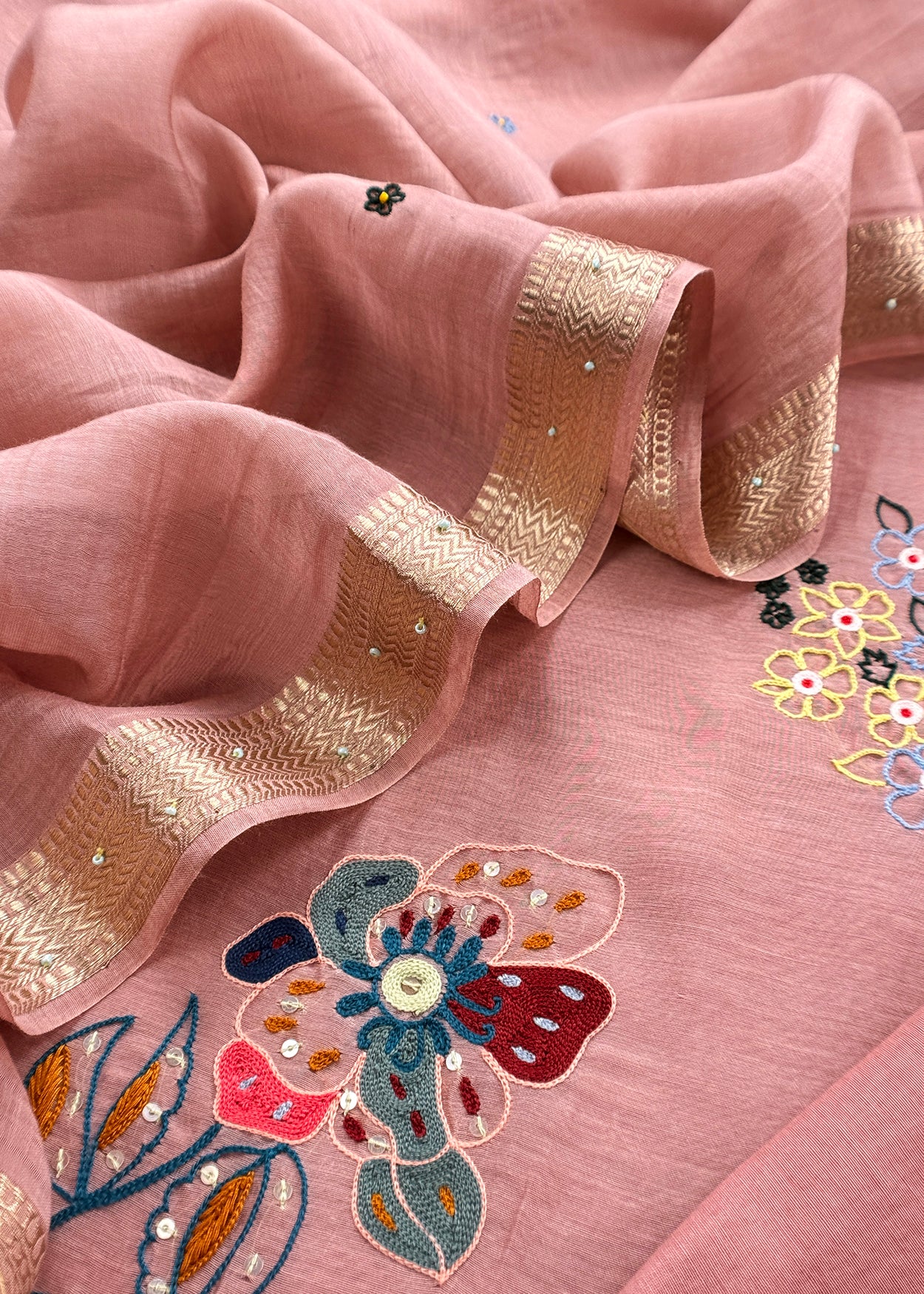 Light Peach Handloom Mul Unstitched Suit Fabric With Parsi Hand Embroidery And Jamdani Weaving