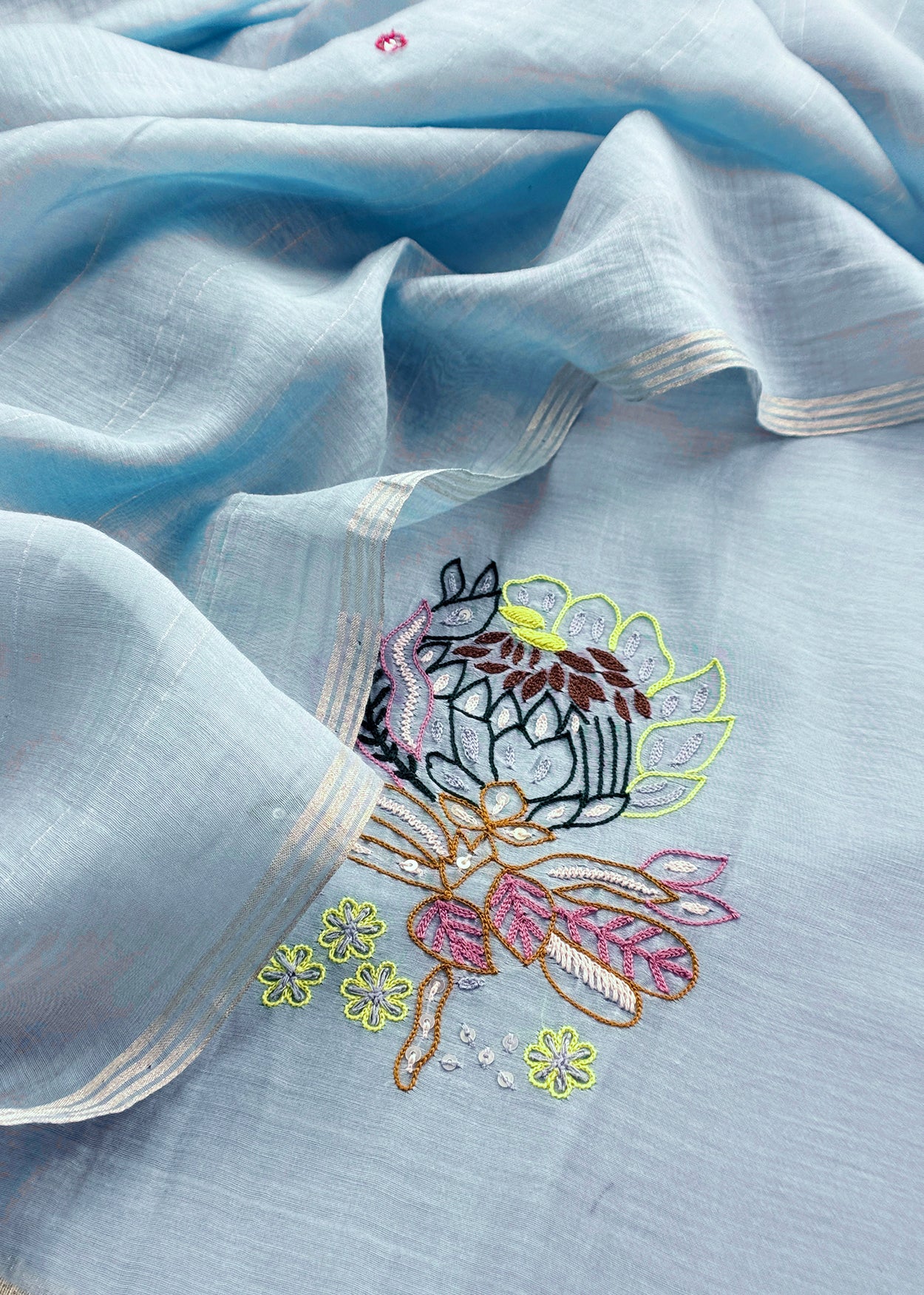 Light Blue Handloom Mul Unstitched Suit Fabric With Parsi Hand Embroidery And Jamdani Weaving