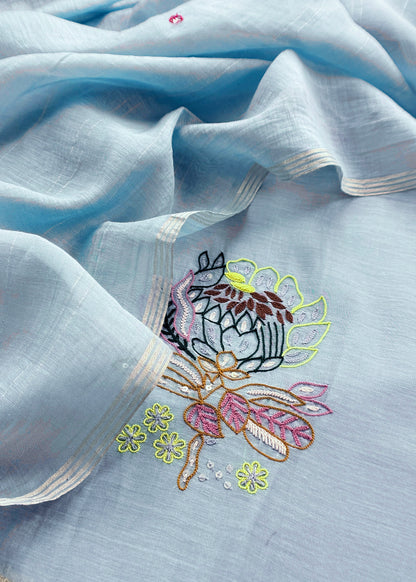 Light Blue Handloom Mul Unstitched Suit Fabric With Parsi Hand Embroidery And Jamdani Weaving