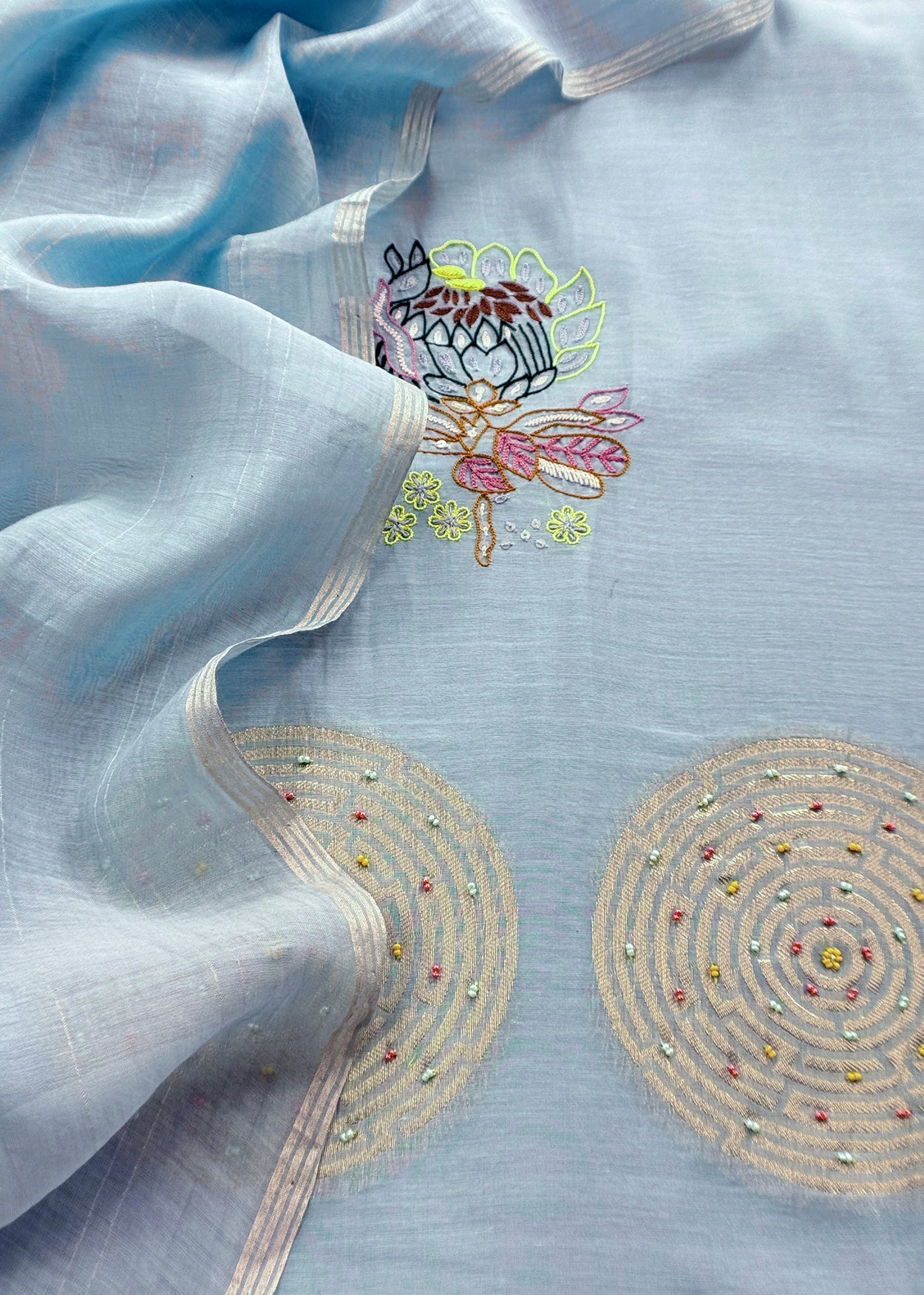Light Blue Handloom Mul Unstitched Suit Fabric With Parsi Hand Embroidery And Jamdani Weaving