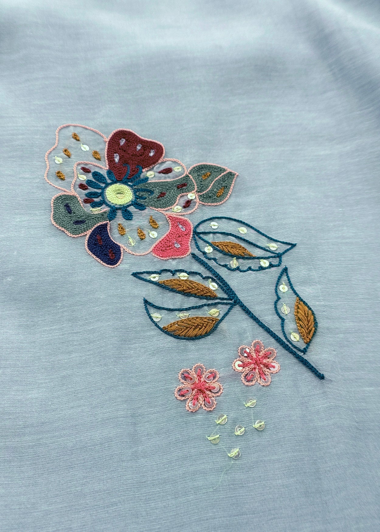 Light Blue Handloom Mul Unstitched Suit Fabric With Parsi Hand Embroidery And Jamdani Weaving