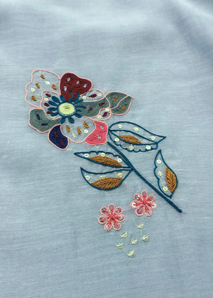 Light Blue Handloom Mul Unstitched Suit Fabric With Parsi Hand Embroidery And Jamdani Weaving