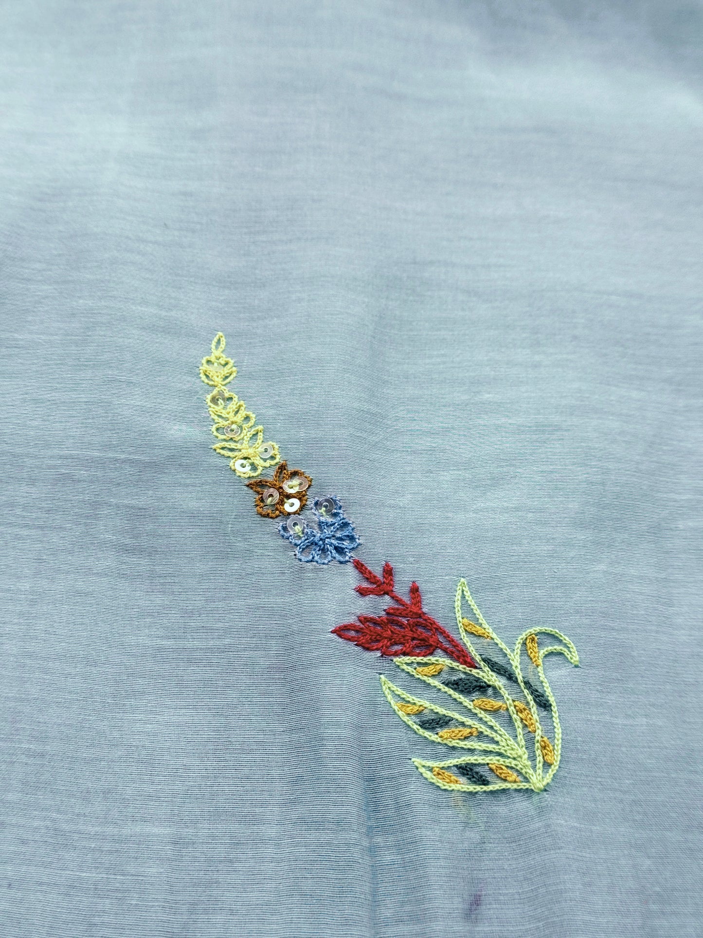 Light Blue Handloom Mul Unstitched Suit Fabric With Parsi Hand Embroidery And Jamdani Weaving