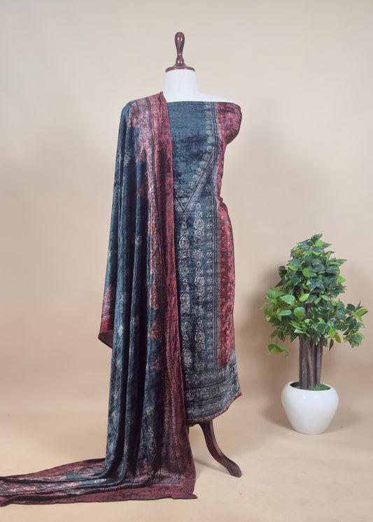 Maroon And Blue Unstitched Velvet Suit With Ajrakh Print