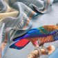 Beige & Blue Macaw Digital Print Handloom Mul Chanderi Uunstitched Suit Fabric