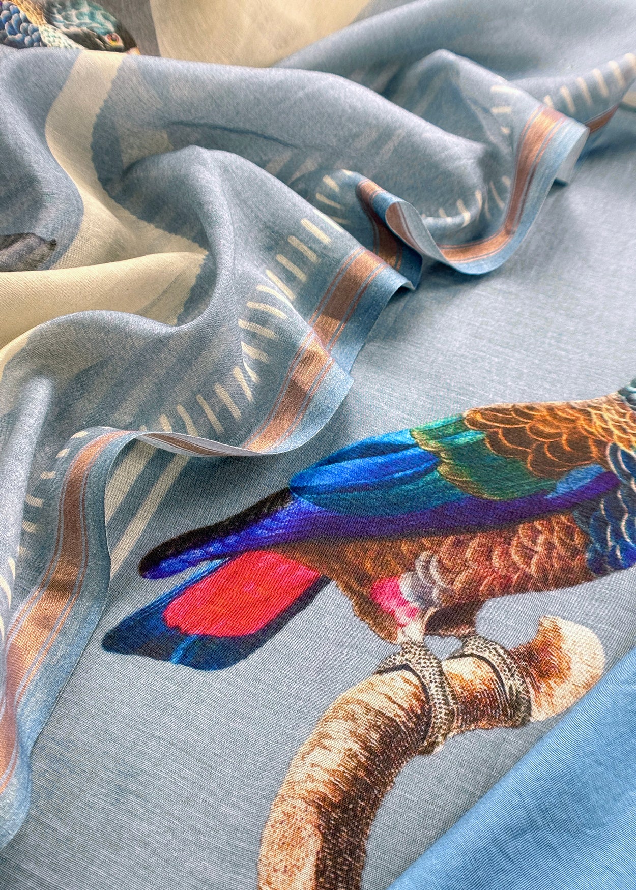 Beige & Blue Macaw Digital Print Handloom Mul Chanderi Uunstitched Suit Fabric