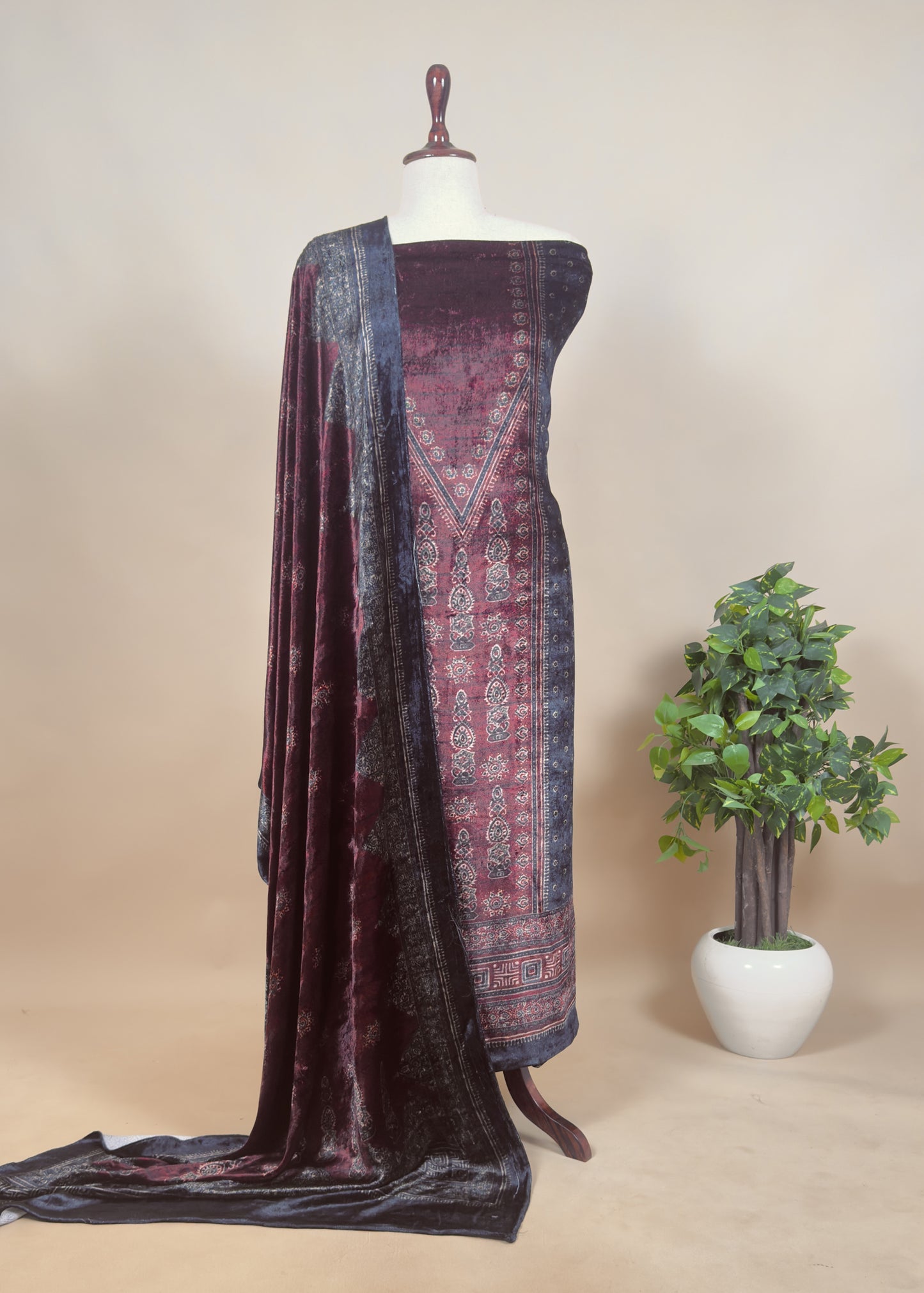 Maroon And Blue Unstitched Velvet Suit With Ajrakh Print