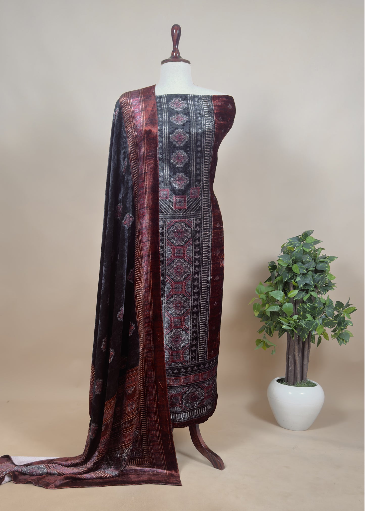 Maroon And Grey Unstitched Velvet Suit With Ajrakh Print