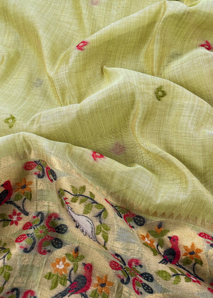 Green Linen Chanderi Suit With Cow Pichwai Jamdani Weaving