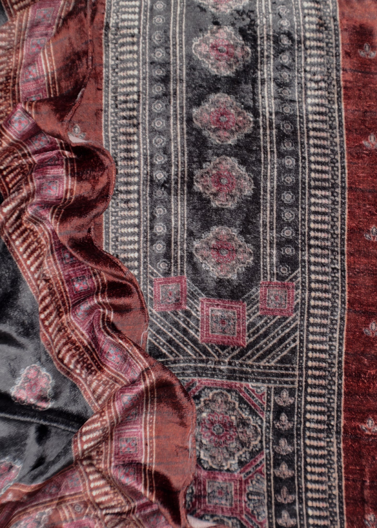 Maroon And Grey Unstitched Velvet Suit With Ajrakh Print