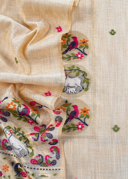 Beige Linen Chanderi Suit With Cow Pichwai Jamdani Weaving