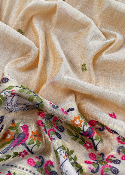Beige Linen Chanderi Suit With Cow Pichwai Jamdani Weaving
