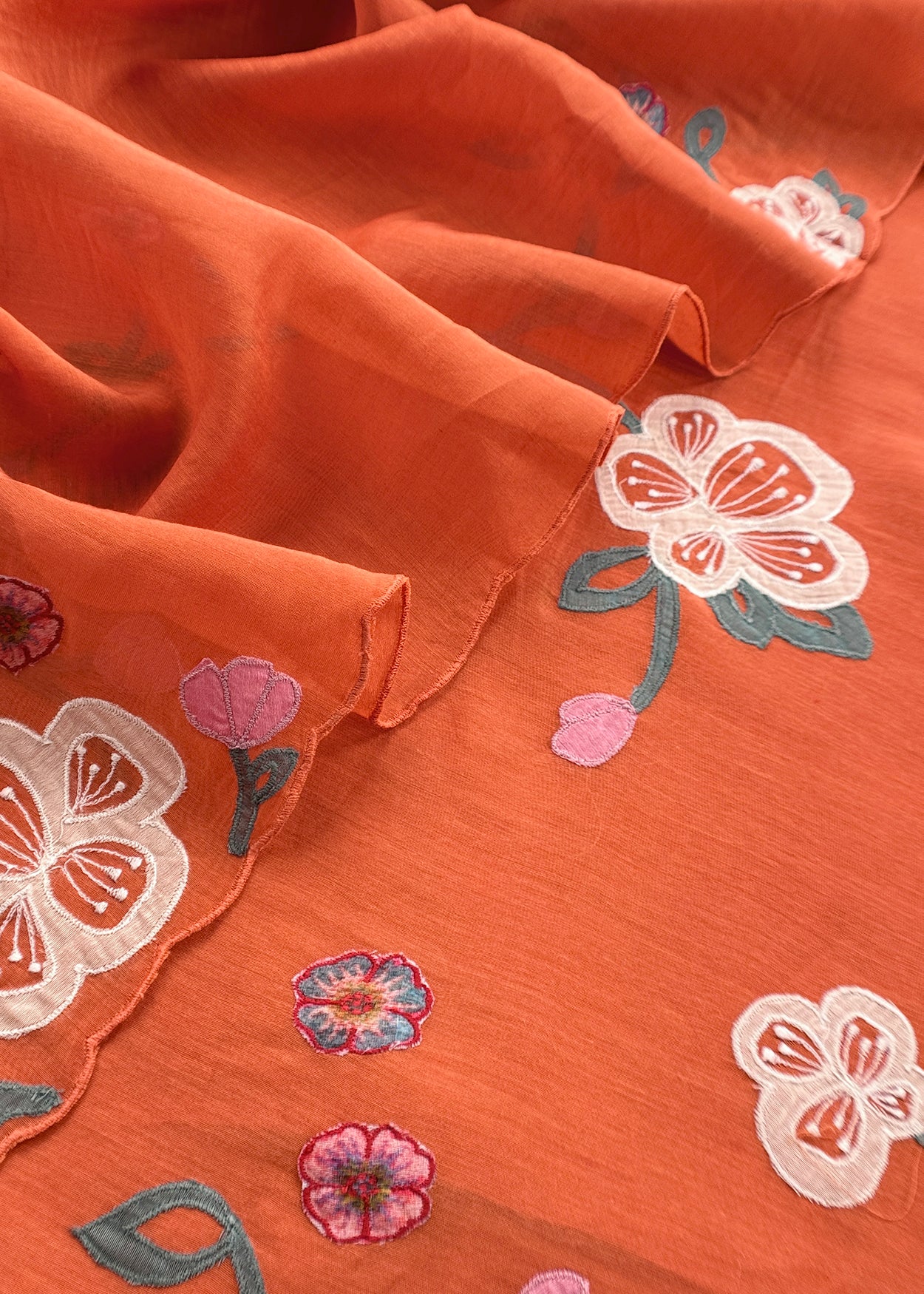 Orange Pure Mulmul Suit Fabric With Appliqué Work