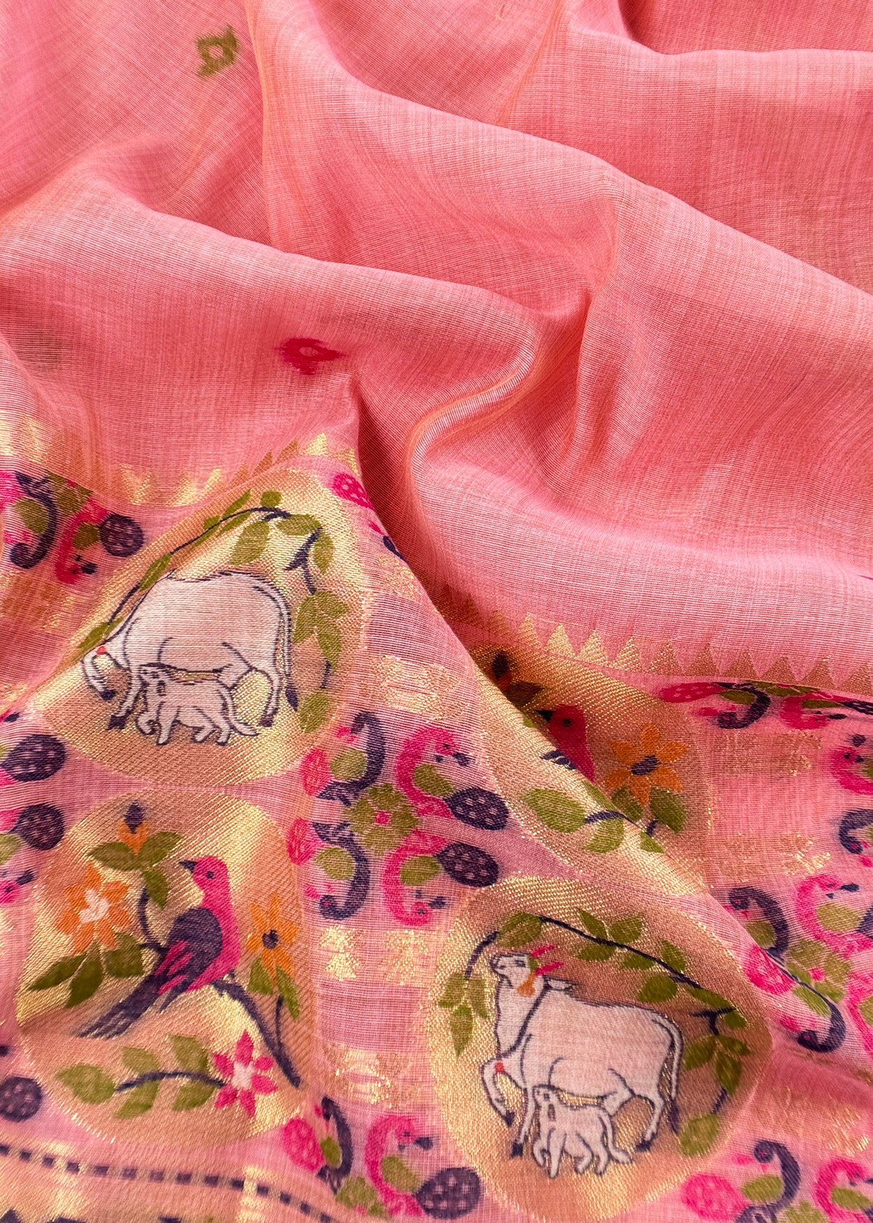 Pink Linen Chanderi Suit With Cow Pichwai Jamdani Weaving