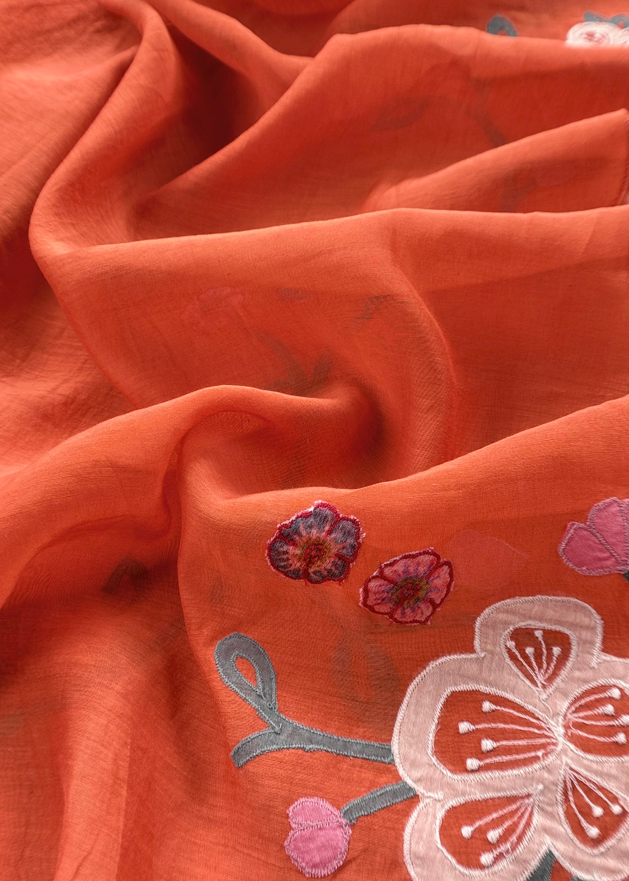 Orange Pure Mulmul Suit Fabric With Appliqué Work