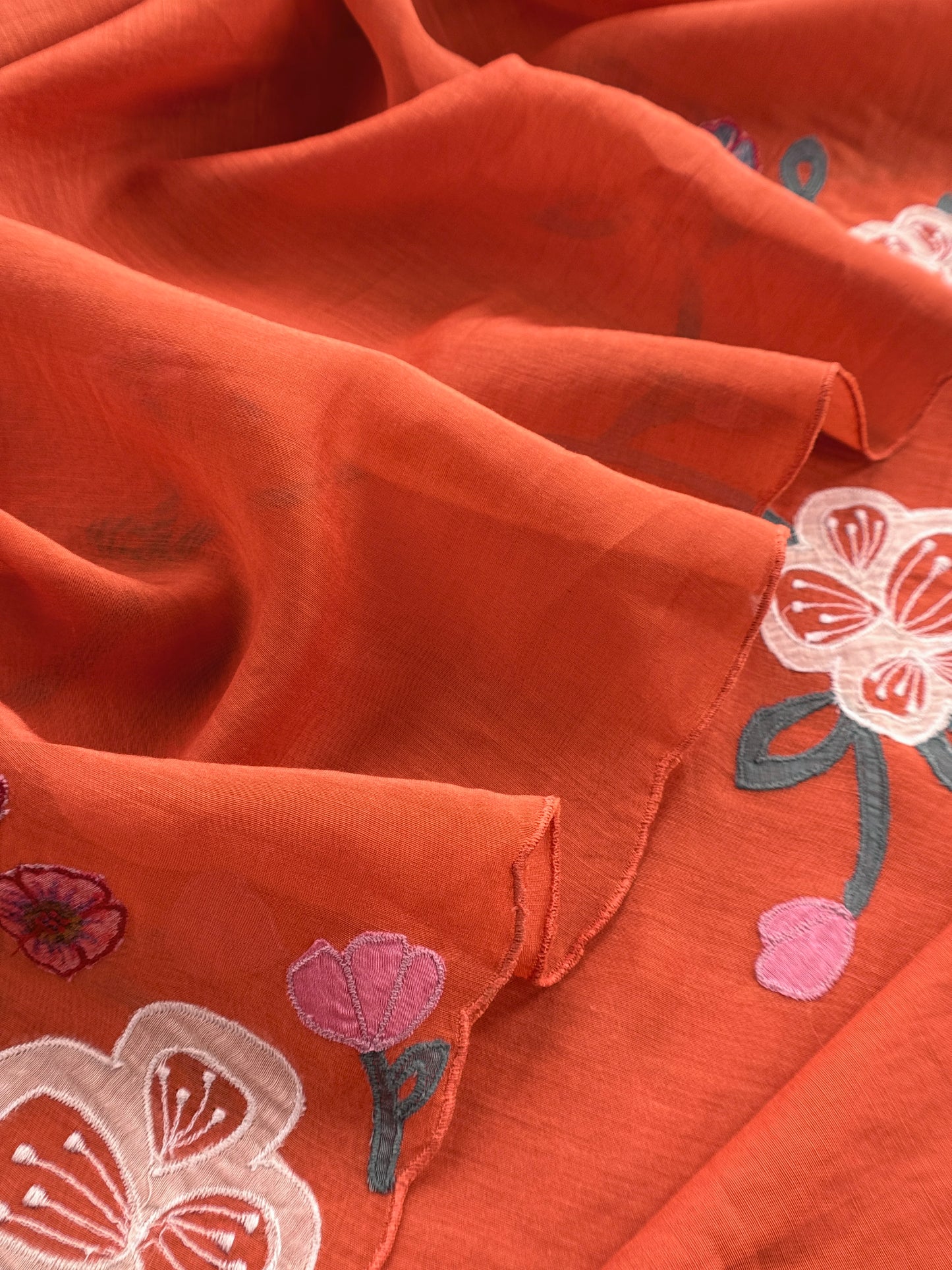 Orange Pure Mulmul Suit Fabric With Appliqué Work