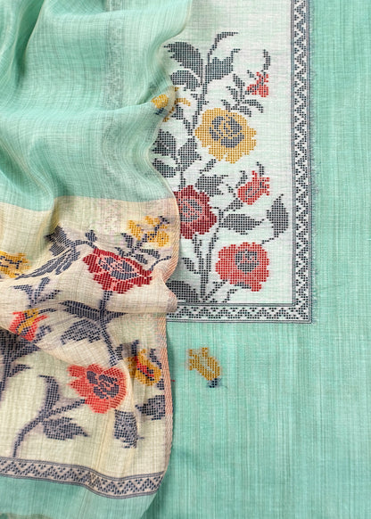 Mint Green Linen Chanderi Suit With Jamdani Weaving