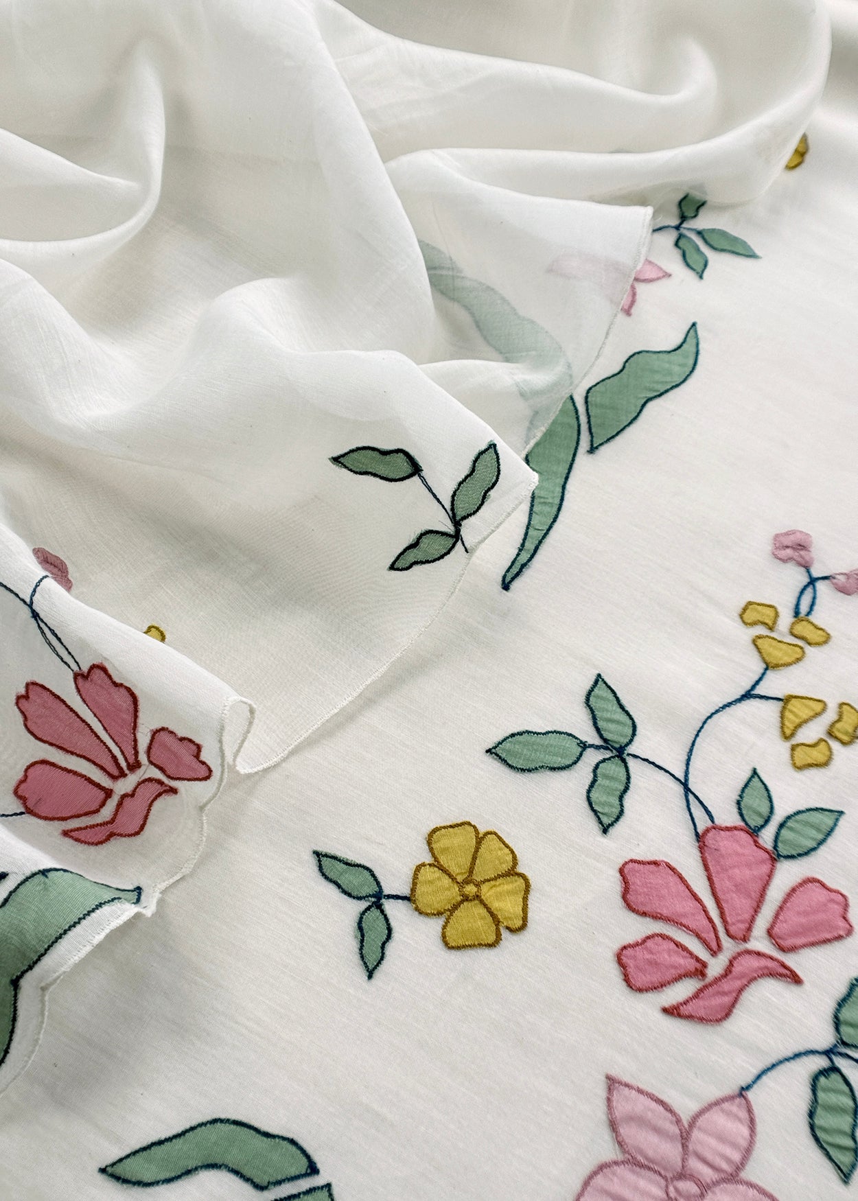 White Pure Mulmul Suit Fabric With Appliqué Work