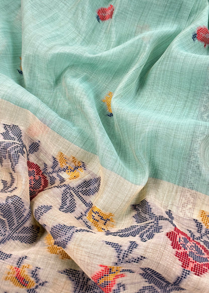 Mint Green Linen Chanderi Suit With Jamdani Weaving