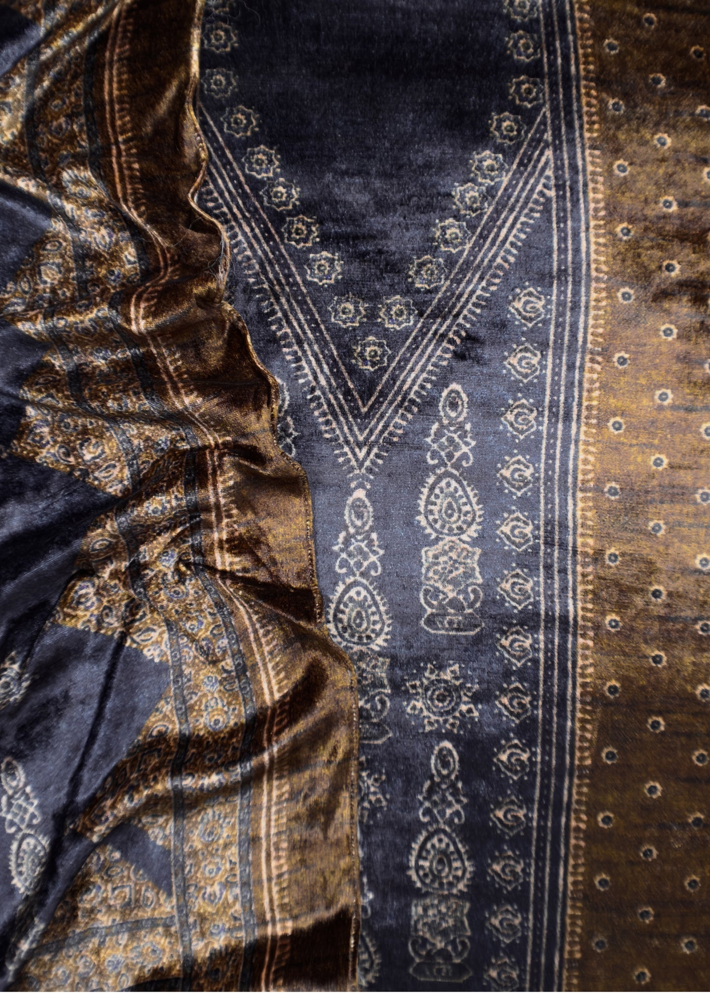 Brown And Blue Unstitched Velvet Suit With Ajrakh Print