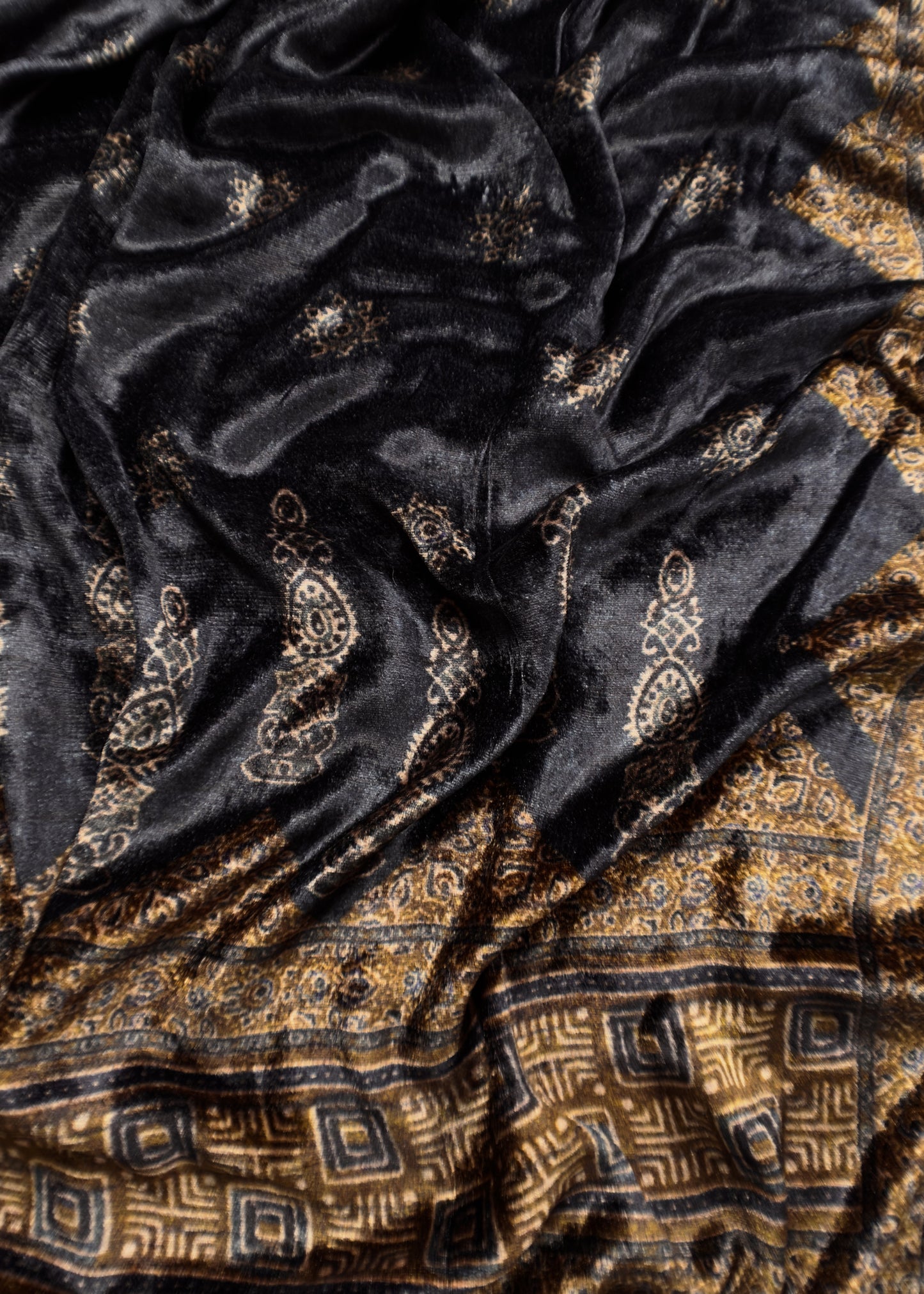 Brown And Blue Unstitched Velvet Suit With Ajrakh Print