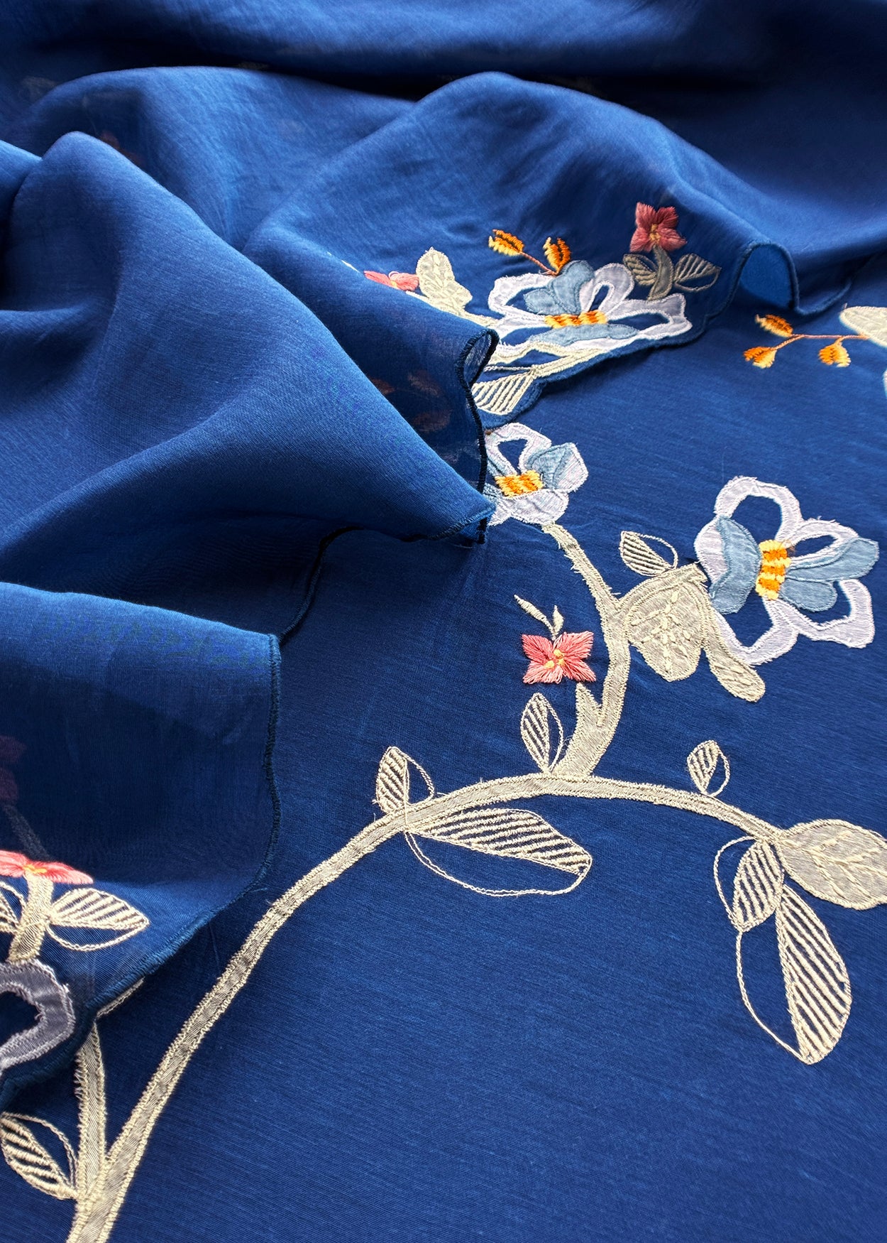 Royal Blue Pure Mulmul Suit Fabric With Appliqué Work