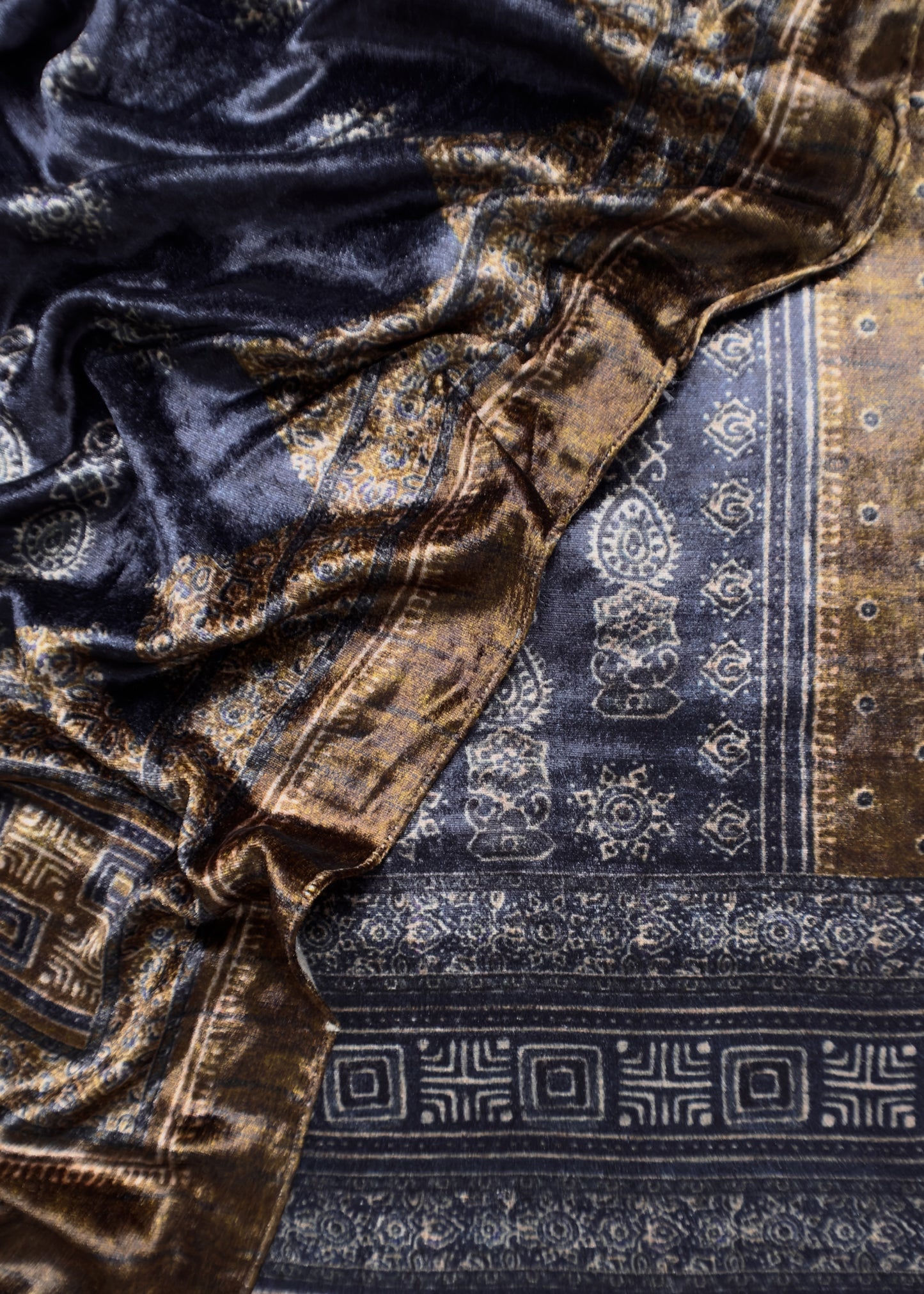 Brown And Blue Unstitched Velvet Suit With Ajrakh Print