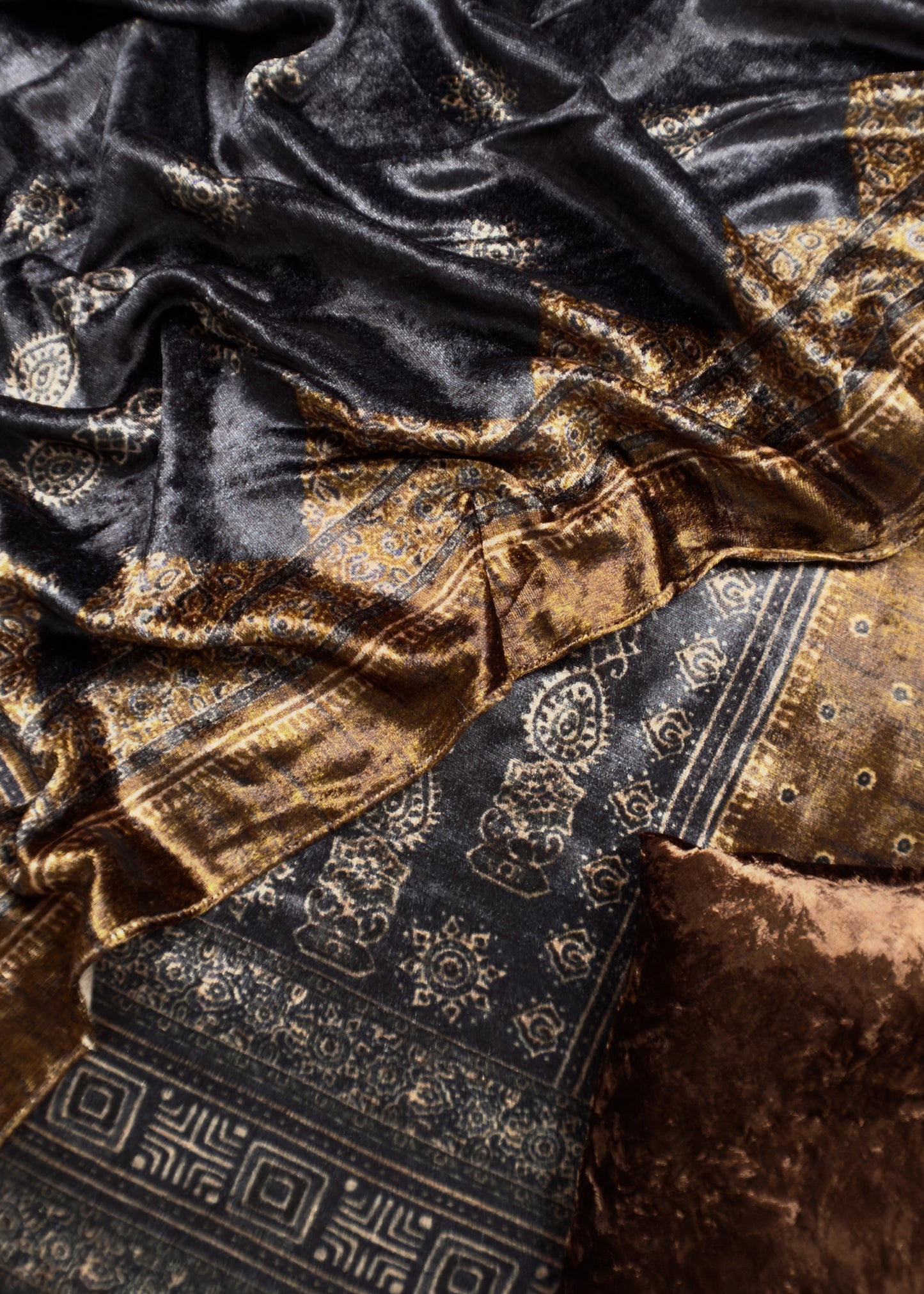 Brown And Blue Unstitched Velvet Suit With Ajrakh Print