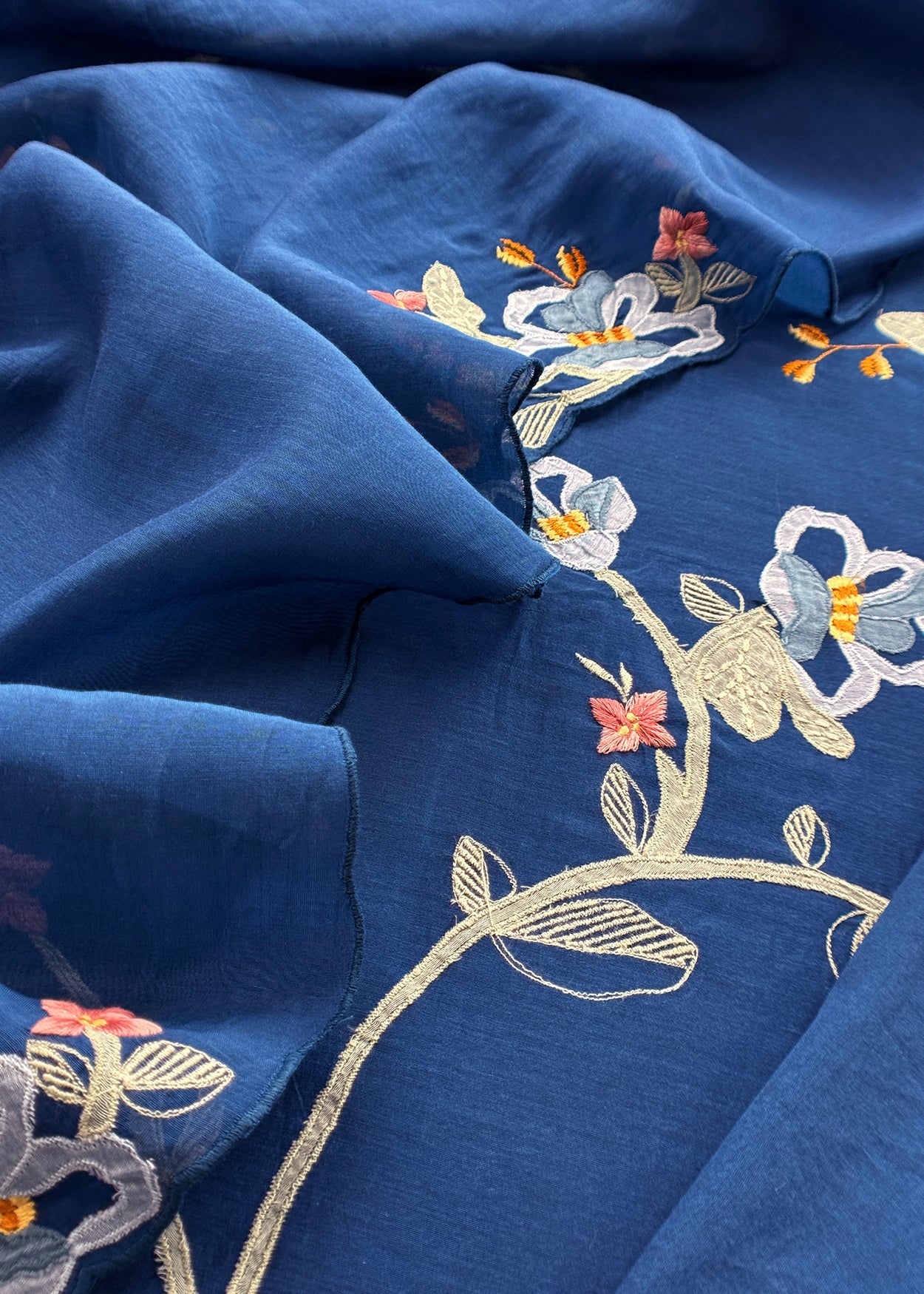 Royal Blue Pure Mulmul Suit Fabric With Appliqué Work