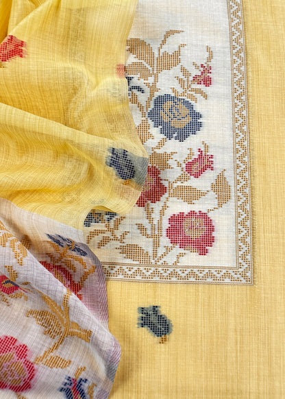 Yellow Linen Chanderi Suit With Jamdani Weaving