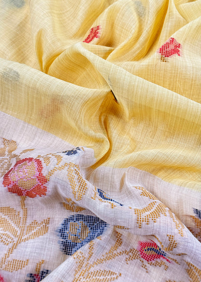 Yellow Linen Chanderi Suit With Jamdani Weaving