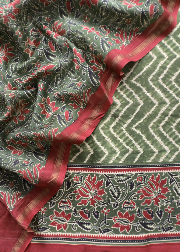 Fern Green And Red Ajrakh And Leheriya Handloom Maheshwari Silk Suit Fabric