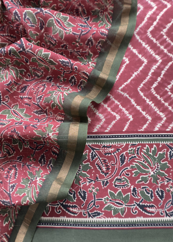 Hunter Green Ajrakh And Leheriya Handloom Maheshwari Silk Suit Fabric