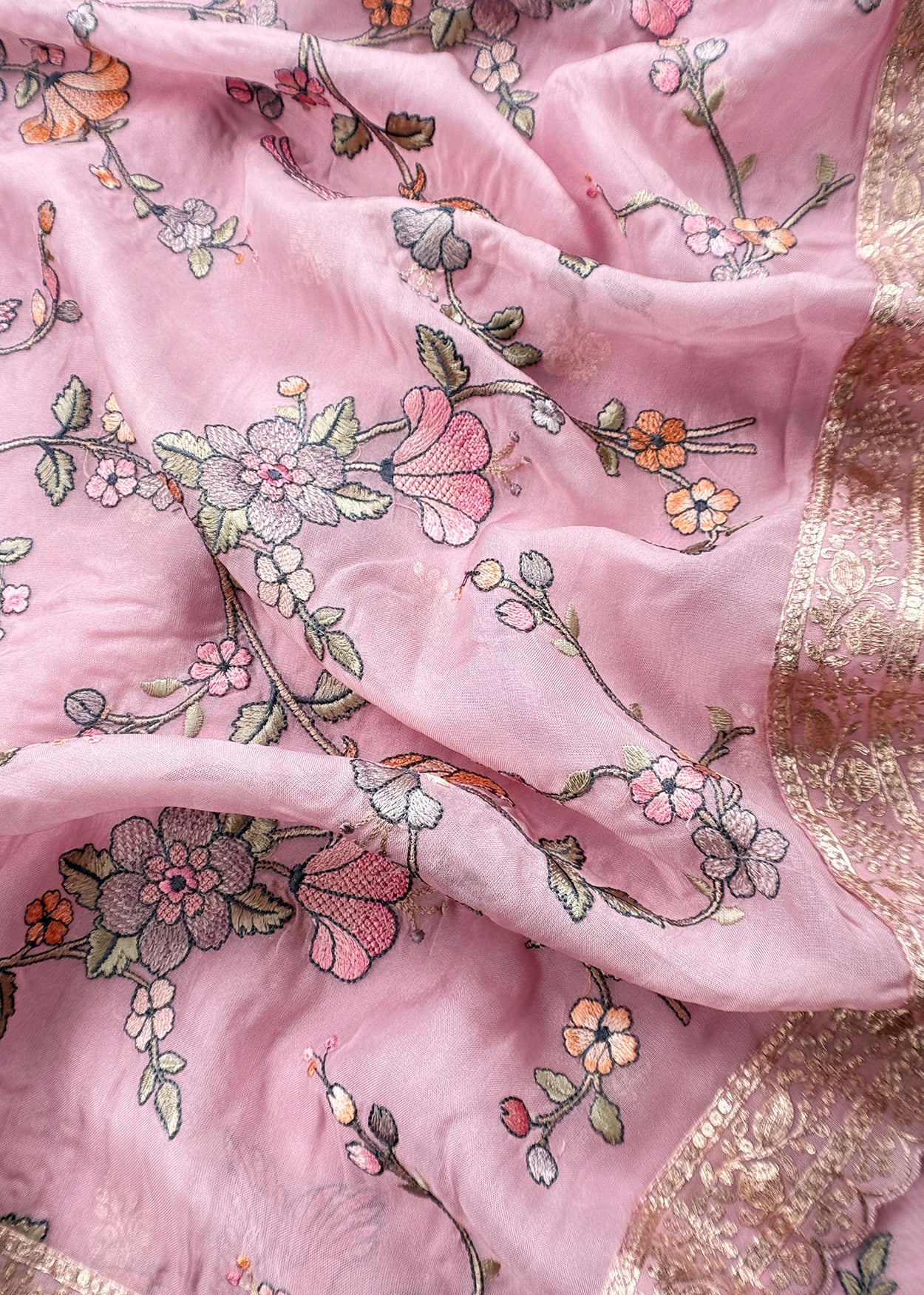 Pink  Handloom Mulmul With Pitta Work With Chidiya Thread Embroidery