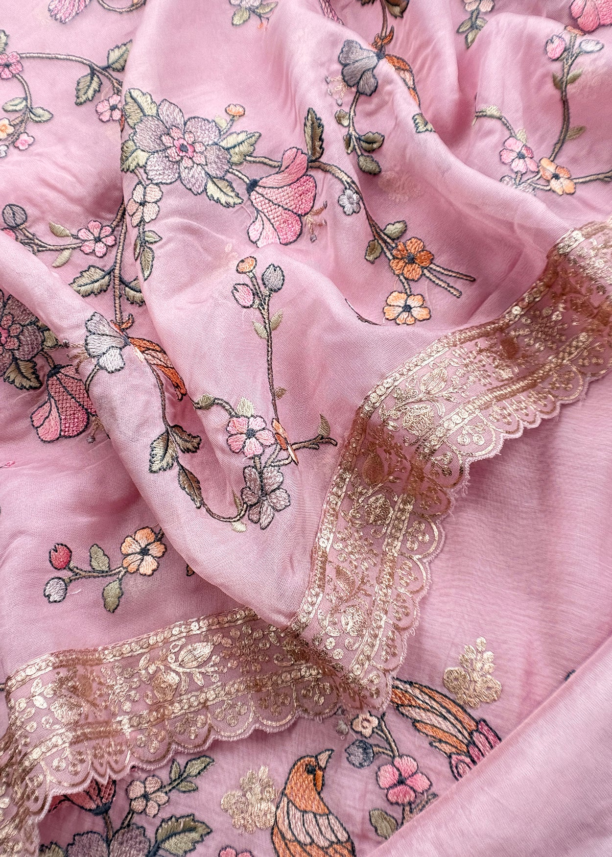 Pink  Handloom Mulmul With Pitta Work With Chidiya Thread Embroidery